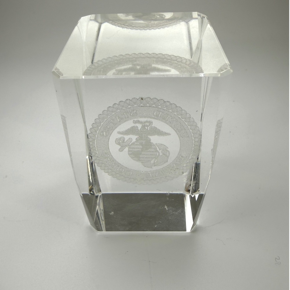 USMC Marine Corps Paperweight 3D Laser Etched Crystal Block EGA Military‎ Gift